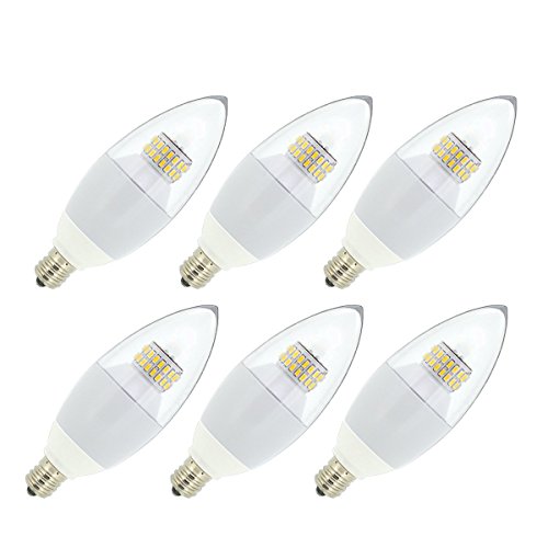 J&C LED (6-PACK) 6w Torpedo Light Bulb – 60w Incandescent Replacement Soft White (3000K) E12 Candelabra Base LED Bulbs, Blunt Tip Clear Cover, Gloss White Body, Not Dimmable