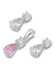Sterling Silver Elegant Tear Drop Design Pendant and Earrings Jewelry Set with Pink and Clear CZ