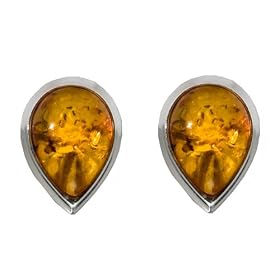 Certified Genuine Amber and Sterling Silver Tear-drop Stud Earrings