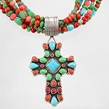 Rocki Gorman Necklace of Sterling Silver, Coral, Gaspeite and Turquoise Beads with Cross Pendant, #9096
