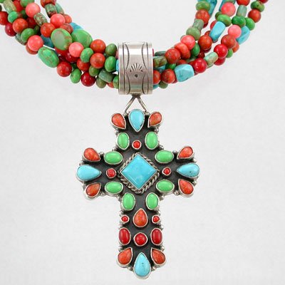 Rocki Gorman Necklace of Sterling Silver, Coral, Gaspeite and Turquoise Beads with Cross Pendant, #9096