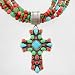 Rocki Gorman Necklace of Sterling Silver, Coral, Gaspeite and Turquoise Beads with Cross Pendant, #9096