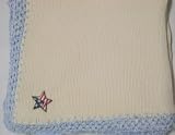 Knitted on Hand Knitting Machine Ivory Cotton Hand Crochet Finished with Blue Chenille Infant Boys Large Blanket Size 32 By 45 Inches with Star American Flag