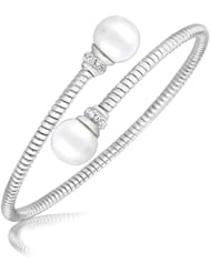 Sterling Silver Rhodium Plated Cuff with Created Pearl and Cubic Zirconia Ends