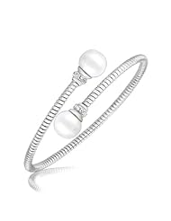 Sterling Silver Rhodium Plated Cuff with Created Pearl and Cubic Zirconia Ends