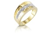 14K Yellow Gold Matte-Finish Hammered-Finish Hand-Crafted Designer Ring, Enhanced with Pave Set Diamonds.