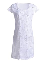 Floral Print  Applique Scoop Neck Short Sleeves  Dress With Pearls
