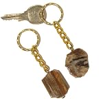 Petrified Wood Keychains 02 Set of 2 Brown Red Stone Gold Hammered Key Ring Pair