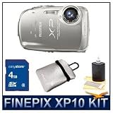 Fujifilm XP10 12 MP Digital Point and Shoot Camera (Silver), 5X Zoom Lens, 2.7 LCD, Water-Proof, Shock-Proof, Freeze-Proof, HD Video 720p w/Sound, Reversible Neoprene Case, 3pc. Lens Cleaning Kit, 4 GB Memory Card