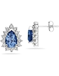 7X5mm Pear Shaped Sapphire and Diamond Flower Earrings in 14k White Gold