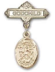 14K Gold Baby Badge with St. Michael the Archangel Charm and Godchild Badge Pin