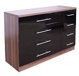 Hilton Black & Walnut Chest of 8 Wide Drawers Super Hi Quality Gloss