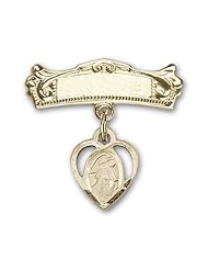 14kt Gold Baby Badge with Guardian Angel Charm and Arched Polished Badge Pin