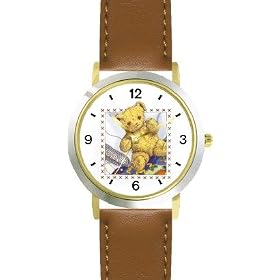Teddy Bear - from Hush Little Baby by Artist: Sylvia Long - WATCHBUDDY� DELUXE TWO-TONE THEME WATCH - Arabic Numbers - Brown Leather Strap-Size-Children's Size-Small ( Boy's Size & Girl's Size )
