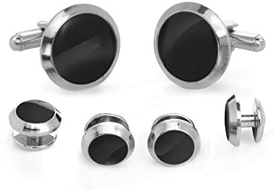 Silver-Tone Cufflinks and Studs Set for Tuxedo Shirts - Silver-Tone and Black Beveled