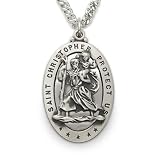 Sterling Silver 1 1/8" Oval Pierced Engraved St. Christopher Medal on 24" Chain
