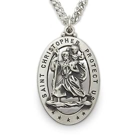 Sterling Silver 1 1/8" Oval Pierced Engraved St. Christopher Medal on 24" Chain