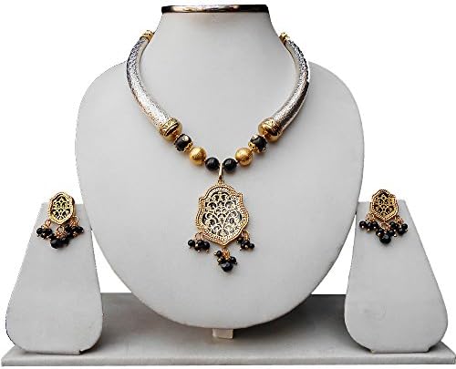Silver Finish Pipe Necklace Set with a Thewa Work Pendant & Earrings
