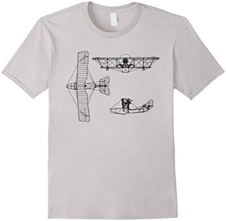 Men's Retro Blueprint Sketch of Vintage Bi-Plane Airplane T-shirt Medium Silver
