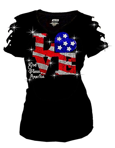 Bling Rhinestones 4th of July T-shirt Ripped Slit Cut Out American Flag (Large)