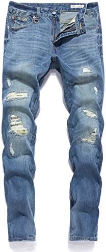 Yimaida Men Casual Distressed Patch Ripped Holes Skinny Bootcut Blue Denim Jeans, W30