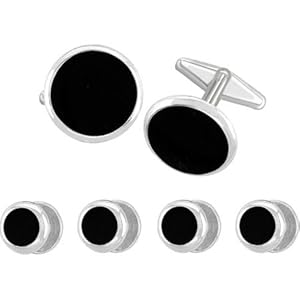 Classic Round Tuxedo Stud and Cufflink Set ,with Black Center and Silver Color Edge