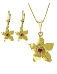 14k Ruby Flower Necklace with Earrings Set