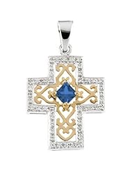 14K Two-Tone Gold Sapphire and Diamond Anniversary Cross Pendant - 22.00x18.50mm -- LIFETIME WARRANTY