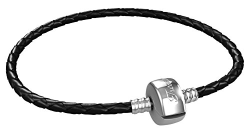Timeline Treasures Real Leather Stainless Steel Charm Bracelet Fits Pandora Jewelry - Black Snap 7.5 Inch