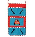 Garage organiser with appliquéd car and spanners