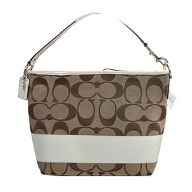 COACH SIGNATURE STRIPE LARGE SHOULDER BAG 13581 KHAKI and WHITE