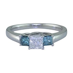 1/3 ct. White & Blue Diamond Three-Stone Ring in 14K White Gold Princess Cut, Available in Size 6