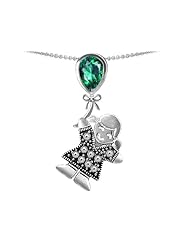 Original Star K (tm) Little Girl Holding a Balloon Mother Birthstone 9x7mm Pear Shape Simulated Emerald Pendant in 925 Sterling Silver