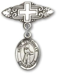 Sterling Silver Baby Badge with St. Petronille Charm and Badge Pin with Cross