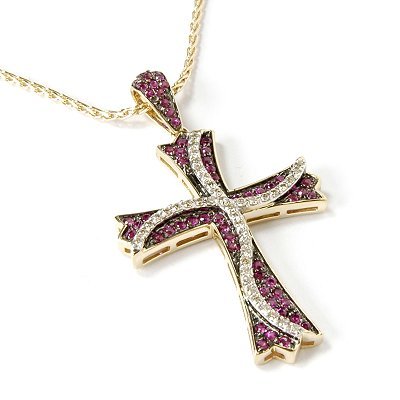 14K Gold Ruby & Diamond Cross Pendant w/ Chain