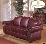 Classic Nailhead Trim 100% Burgundy Leather Sofa Couch