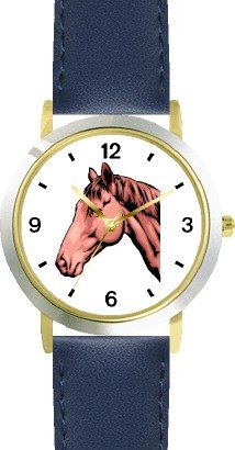 Bay Colored Horse Horse - WATCHBUDDY® DELUXE TWO-TONE THEME WATCH - Arabic Numbers - Blue Leather Strap-Size-Large ( Men