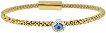 Sterling Silver 14k Gold Plated CZ Evil Eye Italian Mesh Bangle