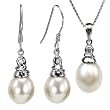 Crystal Top 8-9mm AAAA Drop Pearl Platinum Overlay CAREFREE Sterling Silver Pendant Necklace & Earrings Set, White