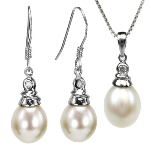 Crystal Top 8-9mm AAAA Drop Pearl Platinum Overlay CAREFREE Sterling Silver Pendant Necklace & Earrings Set, White