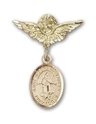 14K Gold Baby Badge with St. Isidore the Farmer Charm and Angel with Wings Badge Pin