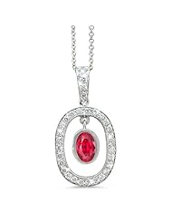 Twin Oval Shaped Vintage Diamond Pendant In 18K White Gold With A 1.06 ct. Genuine Ruby Center Stone.