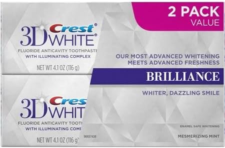 Crest 3D White® Brilliance, Enamel Safe Teeth Whitening Toothpaste, Mesmerizing Mint Flavor 4.1 Oz (2 Pack, 8.2 Oz Total) + Blistex Silk & Shine, .13-Ounce Tube + Listerine PocketPaks Breath Strips (72 Ct) - Fresh Burst