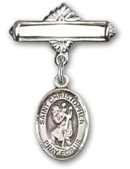 Sterling Silver Baby Badge with St. Christopher Charm and Polished Badge Pin