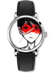 SPRAWL Aanalog Fashion Series Silver Ladies Watches of Genuine Black Leather Strap,Unique Wrist Watch for Women Girls Designed with Painted face girl