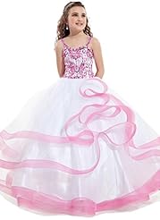 Girls Organza Spaghetti Strap Floor Length Crystal Tiered Sequined Crystals Lace Pageant Dress 