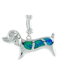 Sterling Silver Dog Pendant Synthetic Opal Inlay 13/16 inch long