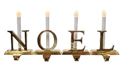 NOEL 4-Piece Lighted Brass Christmas Stocking Holder Set With Candle Lamps