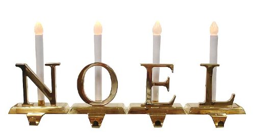 NOEL 4-Piece Lighted Brass Christmas Stocking Holder Set With Candle Lamps