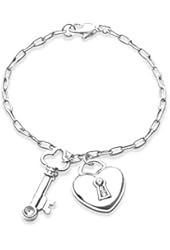 Bling Jewelry Sterling Silver Pave CZ Heart Lock and Key Charm Bracelet 7in